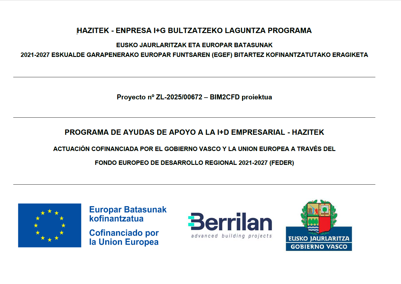 Cartel de cofinanciación HAZITEK FEDER del proyecto BIM2CFD